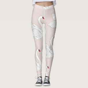 Legging Swan Elegance: Padrão Branco Ornamental.