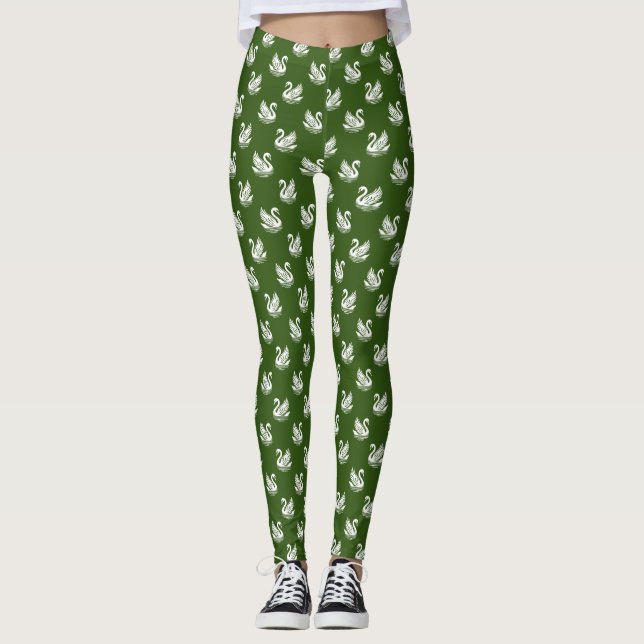Legging Swan Pattern 02 - White on Forest Green (Frente)
