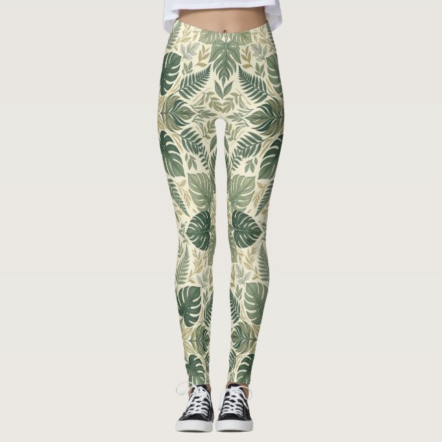 Legging Symmetrical Sage Green Monstera Leaves  (Frente)