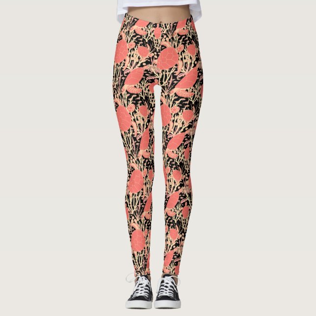 Legging Tartarugas e peixes de coral-recife em preto (Frente)