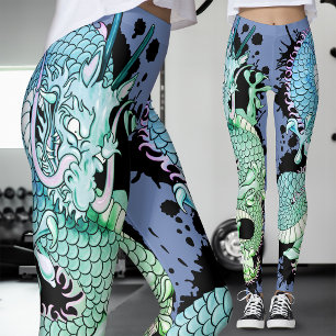 Legging Tatuagem de Dragão Azul e Verde Cornflower Splash