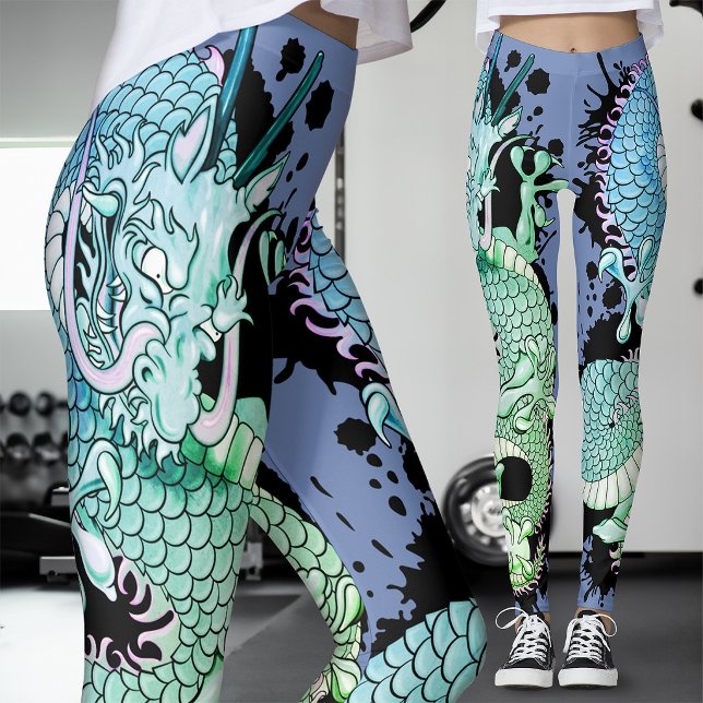 Legging Tatuagem de Dragão Azul e Verde Cornflower Splash (Criador carregado)