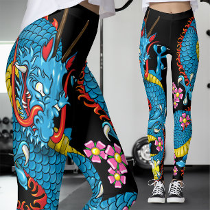 Legging Tatuagem de Dragão com Flor de Cerejeira Azul em P