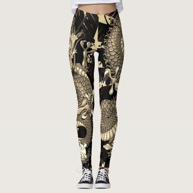 Legging Tatuagem de Dragão de Abertura Tatuado Efeito da P (Frente)