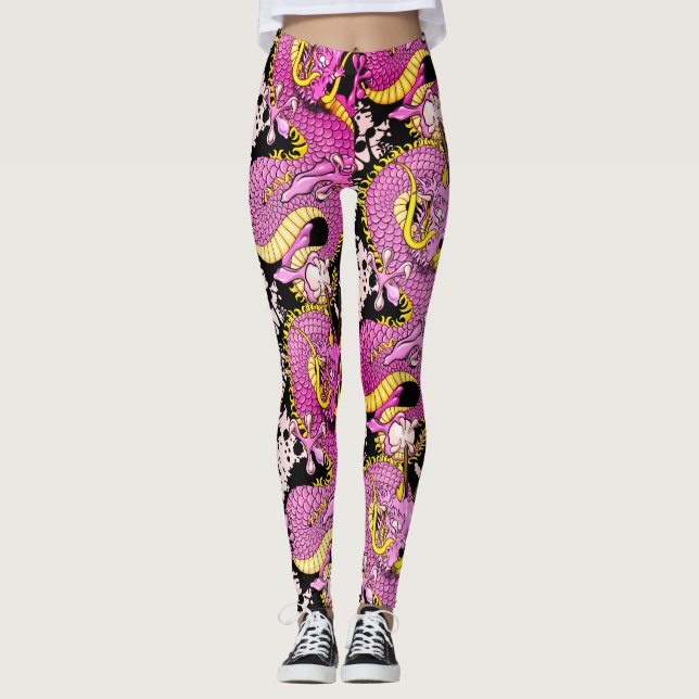 Legging Tatuagem de Dragão Rosa Brilhante (Frente)