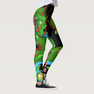 Legging Tatuagem de Dragão Verde com Blossomas de Cereja