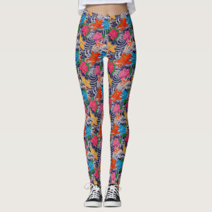 Legging Tatuagem Japonesa de Peixe Koi com Padrão Floral d