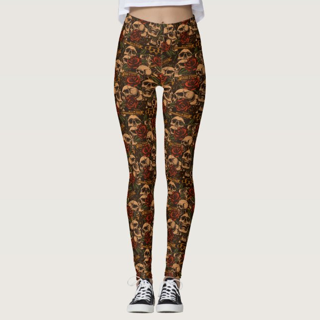 Legging Tatuagem Old School Rosas Armas Caveiras (Frente)