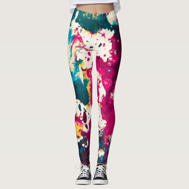Legging Teal de pintura e magenta com Abstrato colorida (Frente)