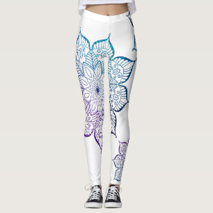 Legging Teal e roxo Ombre Faux Glitter Mandalas, branco