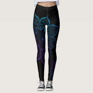 Legging Teal e roxo Ombre Faux Glitter Mandalas, preto