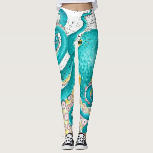 Legging Teal Octopus Nautical Map Watercolor (Frente)