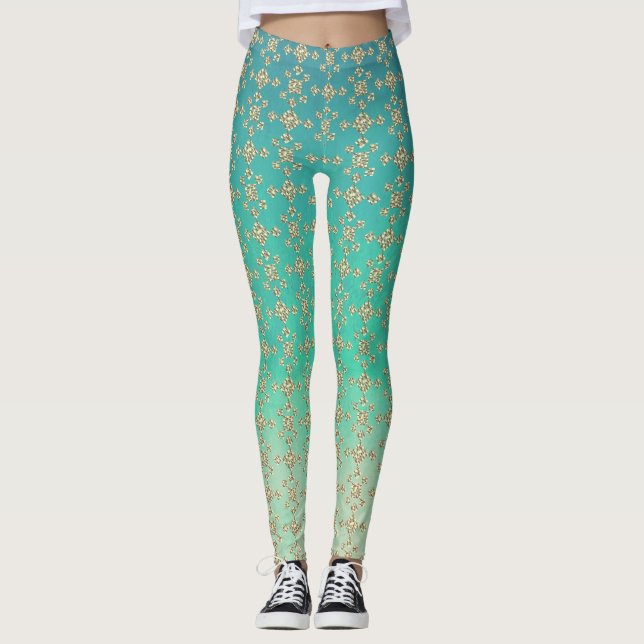 Legging Teal Ombre & Shades de Cinzas, Azulejo Geométrico (Frente)