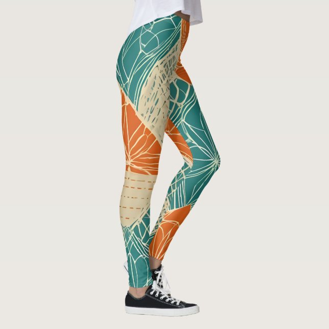 Legging Teal, Orange, and Tan Abstract Flowers  (Direita)