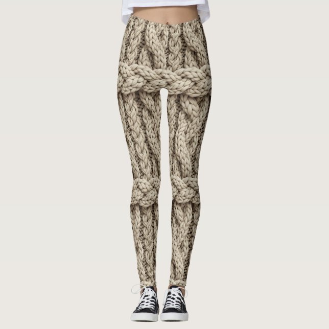 Legging Tecido de Tricô de Linha Trançada – Bege Quente (4 (Frente)