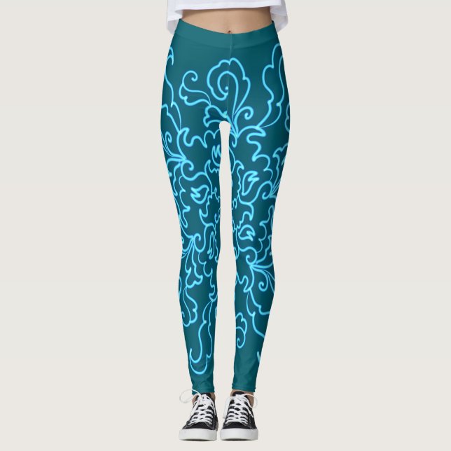 Legging Tendência de Arte com Abstrato de Linha Azul Neon  (Frente)