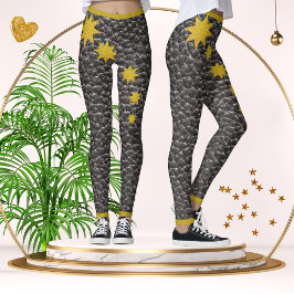 Legging Tendência de Estrelas Douradas de Textura de Couro