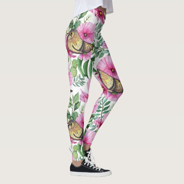 Legging Tendência Vermelha, Roxo e Aves Natureza Floral (Direita)