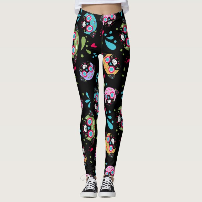 Legging Teste padrão colorido dos crânios do açúcar do Pug (Frente)
