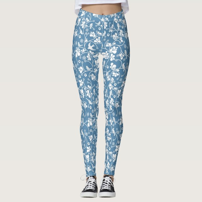 Legging teste padrão com pássaros e ornamento das plantas (Frente)