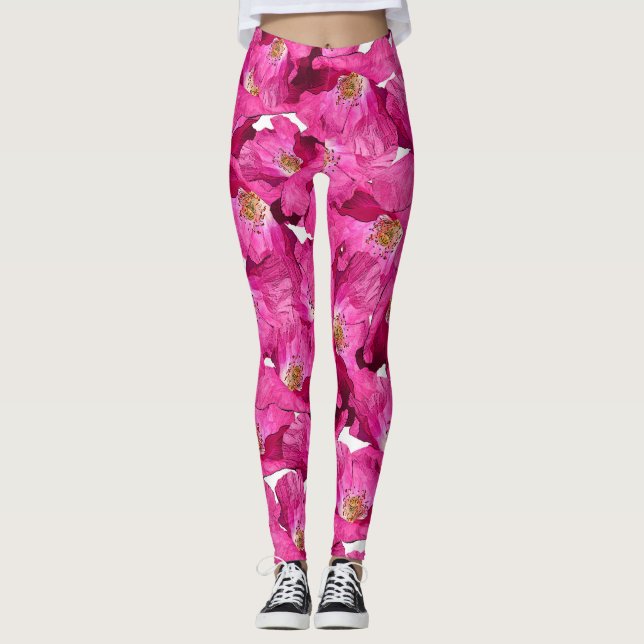 Legging Teste padrão cor-de-rosa das papoilas florais (Frente)