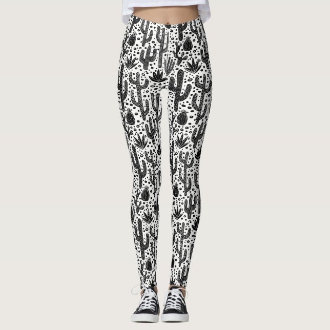 Legging Teste padrão do cacto - preto e branco (Frente)