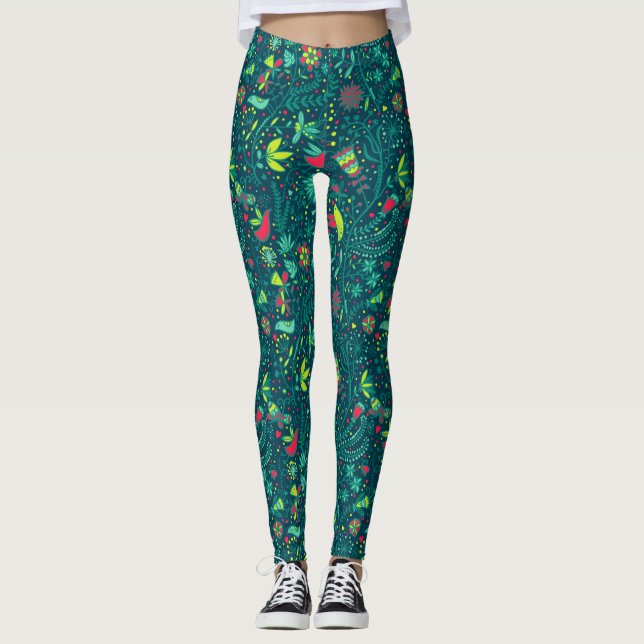 Legging Teste padrão floral com pássaros 2 dos desenhos (Frente)
