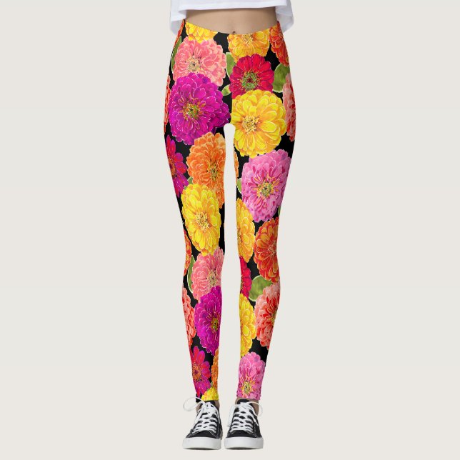Legging Teste padrão floral do amarelo do rosa dos Zinnias (Frente)