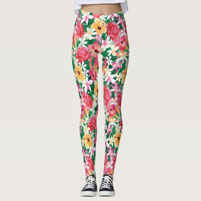 Legging Teste padrão floral do hibiscus tropical (Frente)