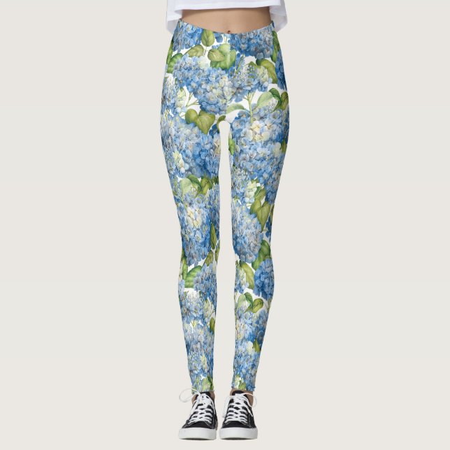 Legging Teste padrão floral do Hydrangea azul (Frente)