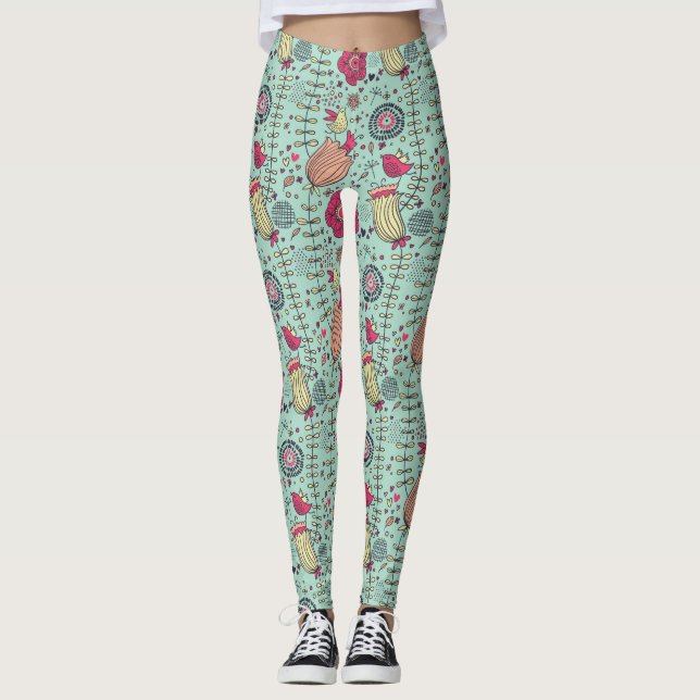Legging Teste padrão floral dos desenhos animados com (Frente)