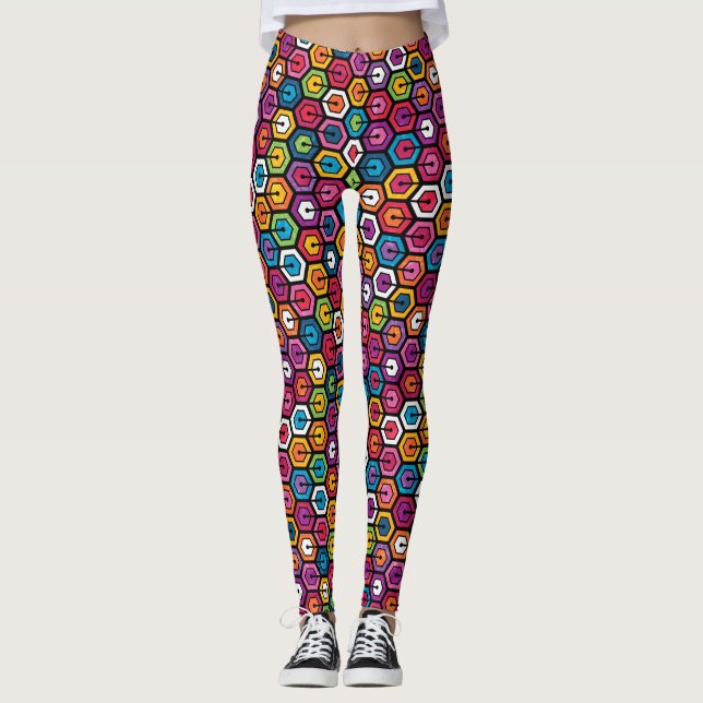 Legging Teste padrão geométrico colorido com hexágonos (Frente)