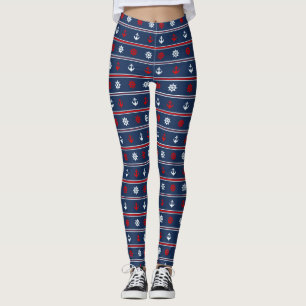 Legging Teste padrão náutico branco e azul vermelho