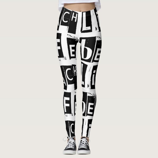 Legging Teste padrão preto e branco do texto da vida da (Frente)
