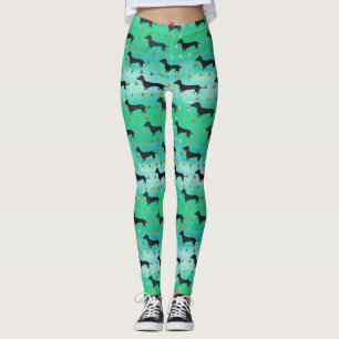 Legging Teste padrão verde e Dourado do Dachshund