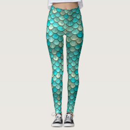 Legging Teste padrão verde minty das escalas de peixes da