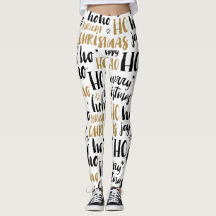 Legging Texto de Arte de Natal Preto e Dourado