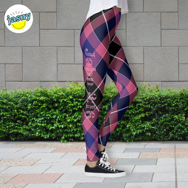 Legging Texto Personalizado Roxo Pink de Padrão de Argyle  (Criador carregado)