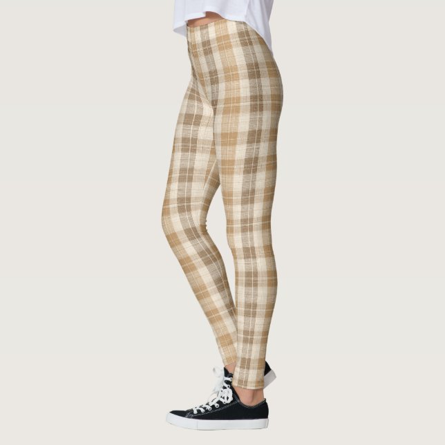 Legging Textura de Linho Xadrez Bege Quente com Tecelagem (Esquerda)