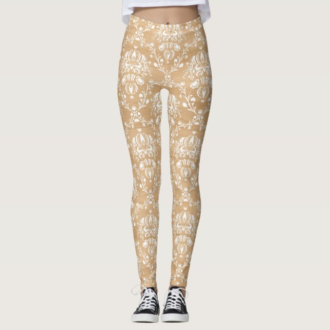 Legging Textura de madeira russa com Cor damasco branca (Frente)