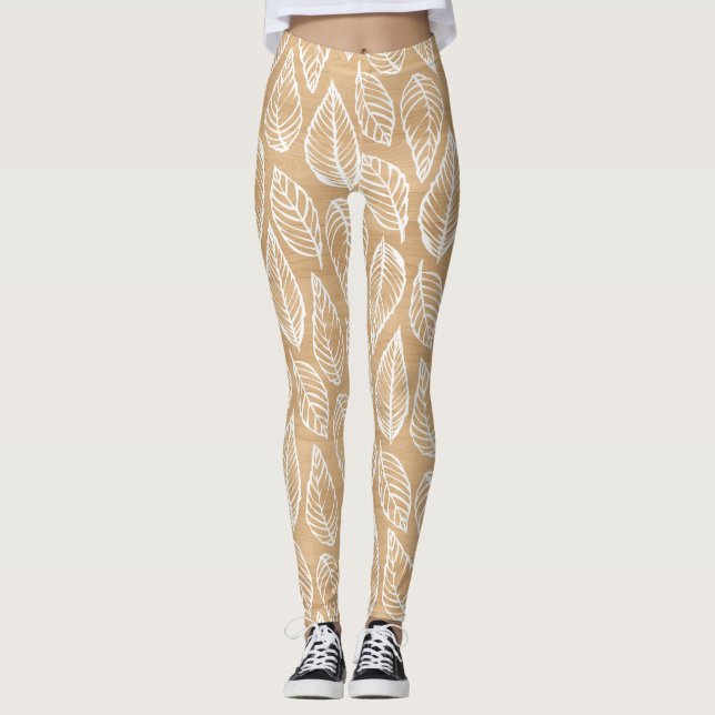 Legging Textura de madeira russa com padrão de folhas bran (Frente)