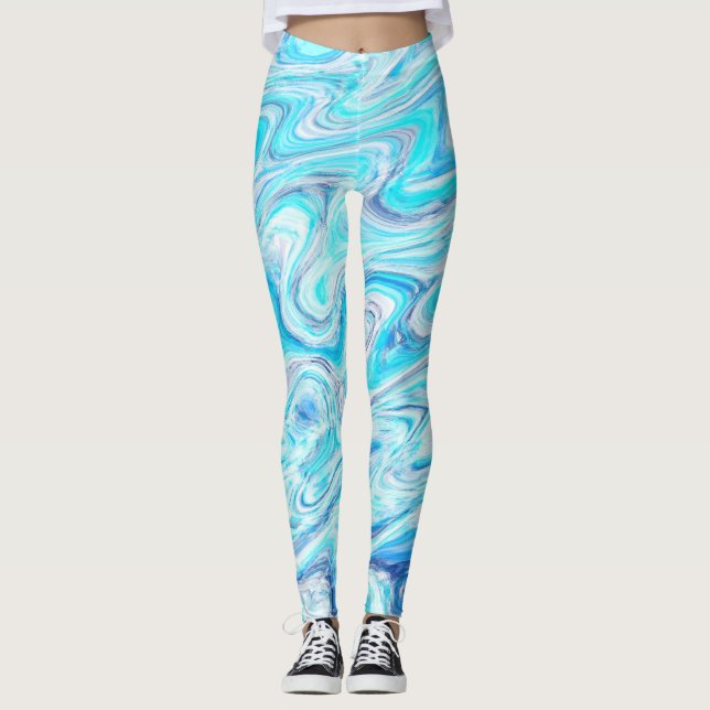 Legging Textura de mármore de onda azul oceânica abstrata  (Frente)