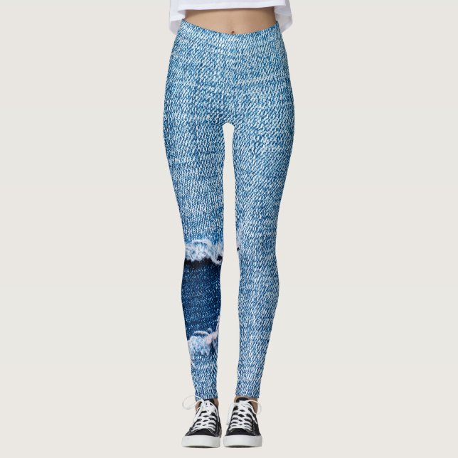 Legging Textura do tecido denim rasgada, matizes azuis. (Frente)