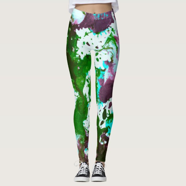 Legging Tinta Abstrato colorida, verde e roxo, (Frente)