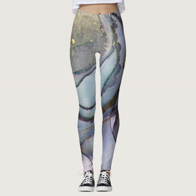 Legging Tinta abstrato de Álcool Shimmery Roxo Teal Dourad (Frente)