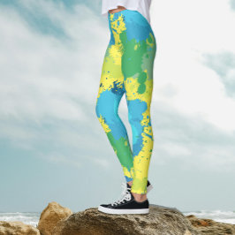 Legging Tinta Salpicada de Cores Turquesa e Amarelo Abstra