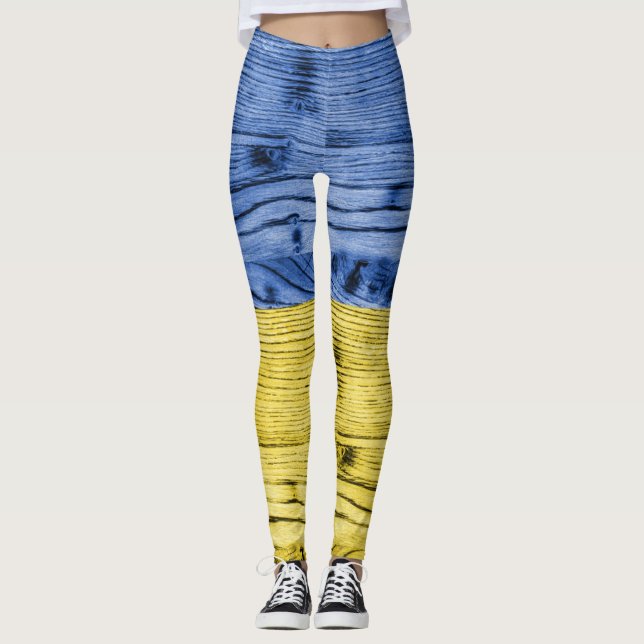 Legging Tipo de textura de madeira azul amarela da Ucrânia (Frente)