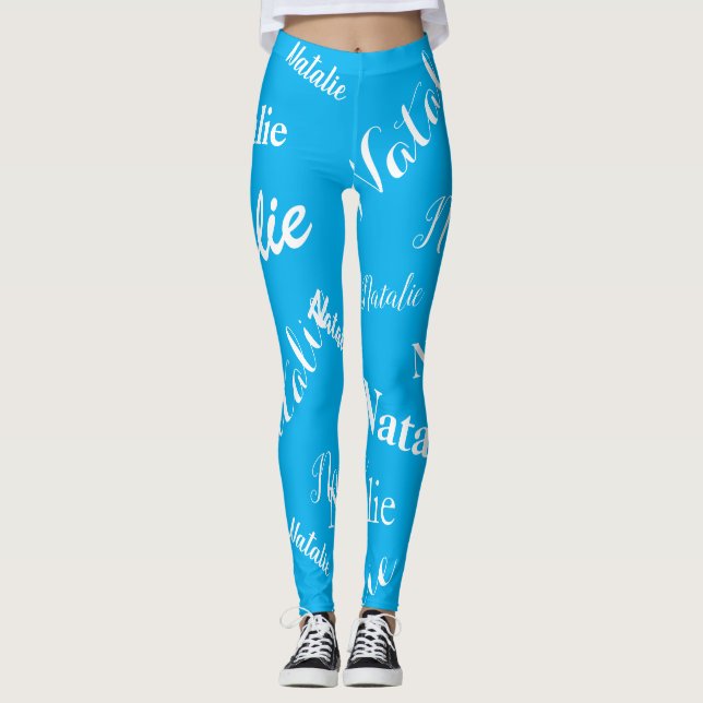 Legging Tipografia de Nome Personalizado Fonte Azul Céu (Frente)