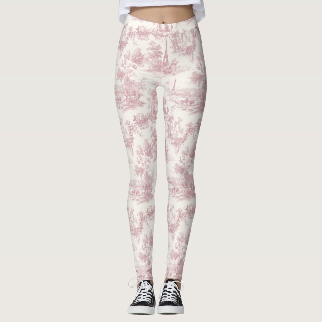 Legging Toile Francês Rosa Romântico Padrão Campo (3) (Frente)