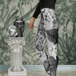 Legging Tons de Cinza Preta e Branca Tons Florais de Vinta<br><div class="desc">Um padrão preto e branco extra grande de flores vindimadas em tons de cinza com a deformação do tecido e a fenda visíveis.</div>